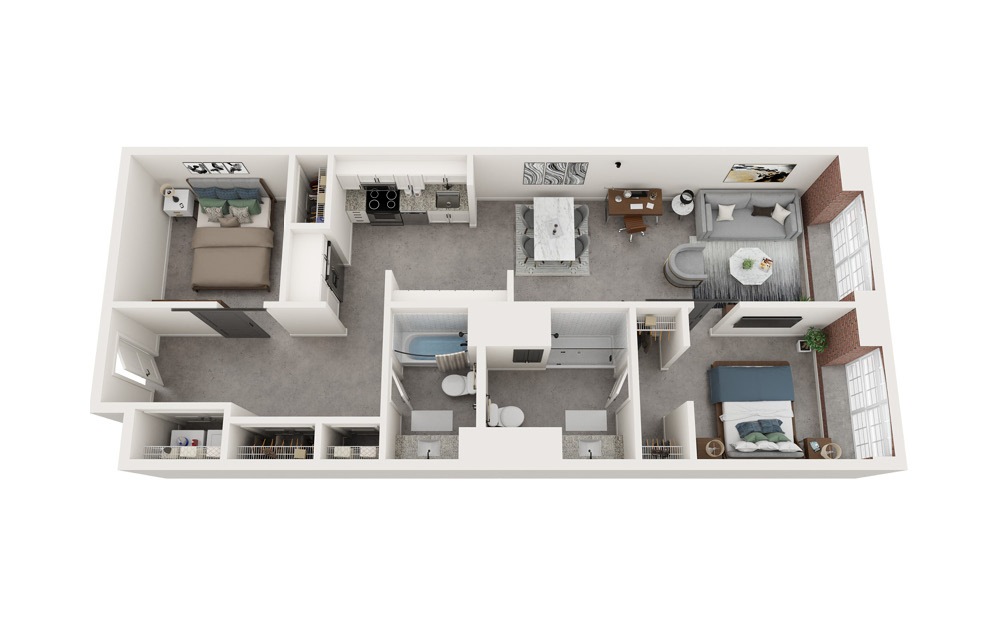 B3 - 2 bedroom floorplan layout with 2 bathrooms and 1024 - 1040 square feet