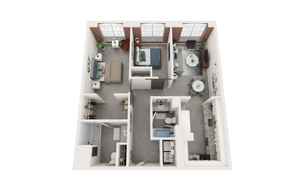B7 - 2 bedroom floorplan layout with 2 baths and 1039 square feet.